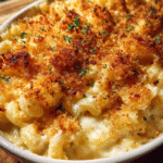 Creamy baked mac and cheese with golden breadcrumb topping