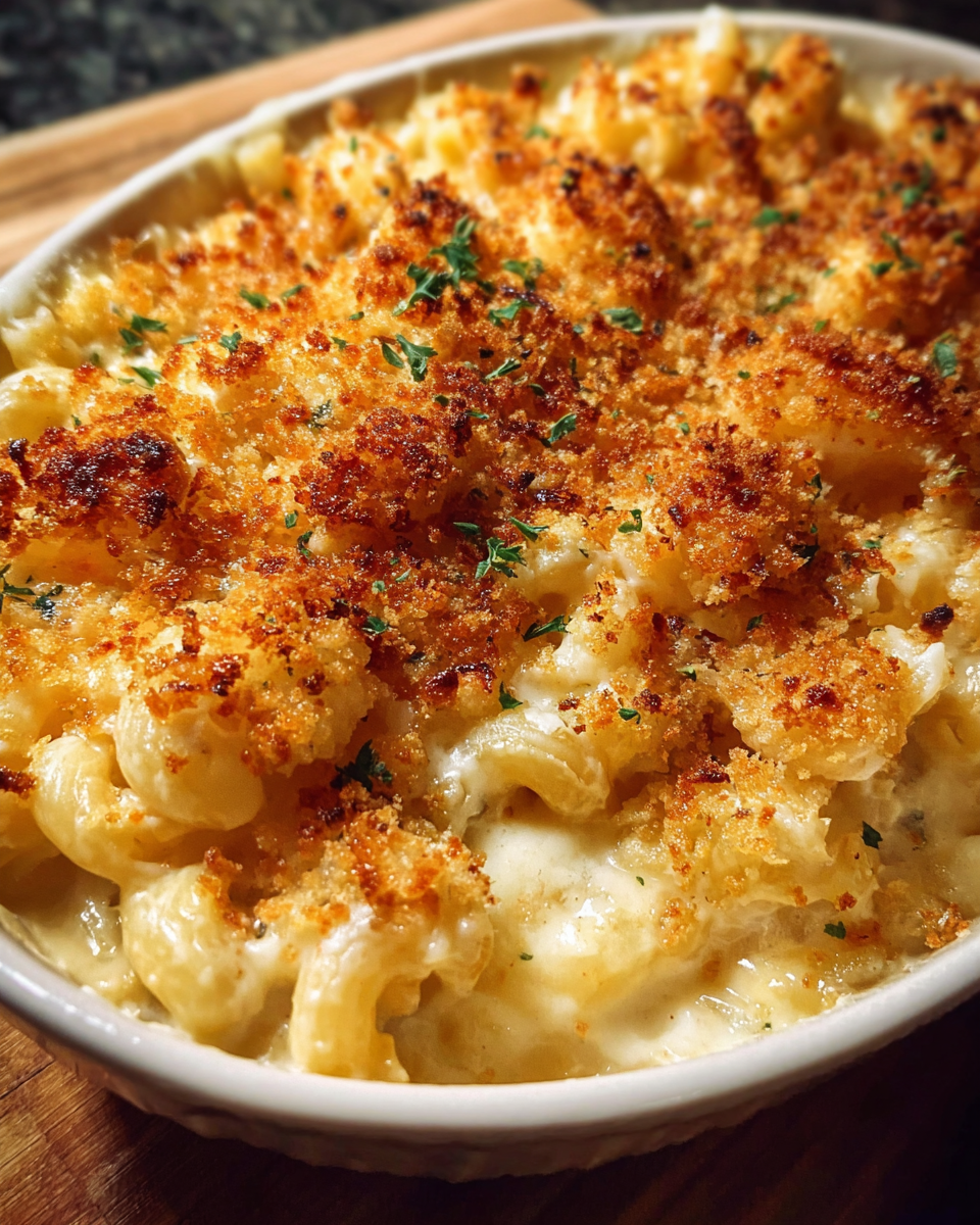 Creamy baked mac and cheese with golden breadcrumb topping