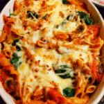 Baked pasta with mozzarella fresh from the oven with melted golden cheese