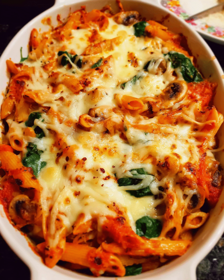 Baked pasta with mozzarella fresh from the oven with melted golden cheese