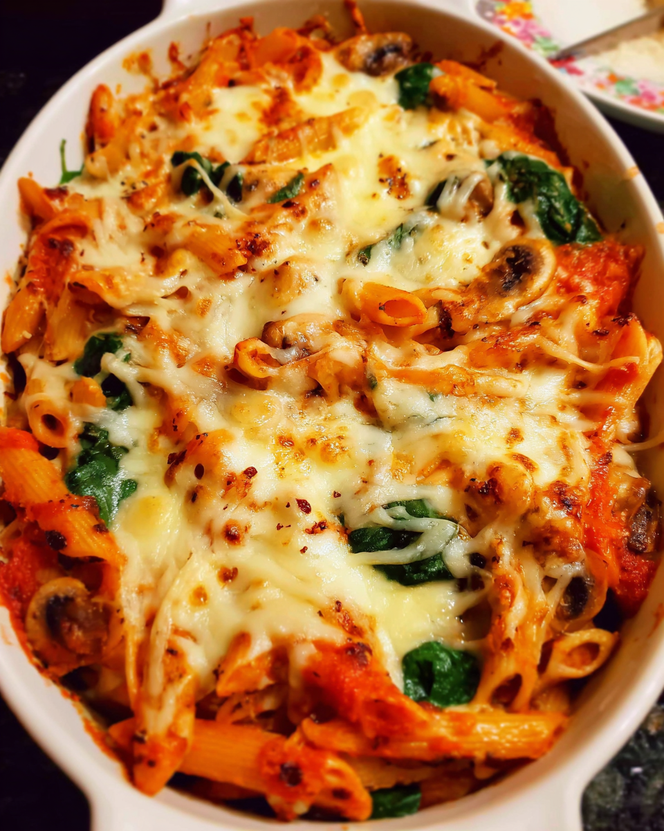Baked pasta with mozzarella fresh from the oven with melted golden cheese