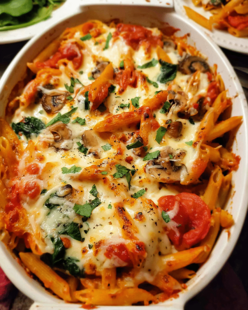 Baked pasta with mozzarella fresh from the oven with melted golden cheese