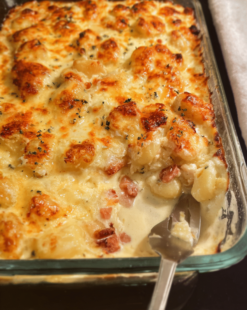 Baked creamy gnocchi in a casserole dish with melted golden cheese