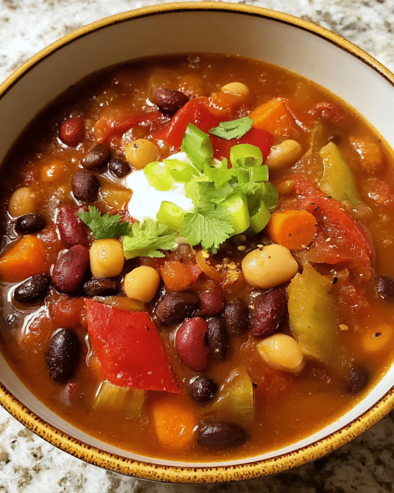 Hearty bean chili soup with black, pinto, and garbanzo beans in a red broth