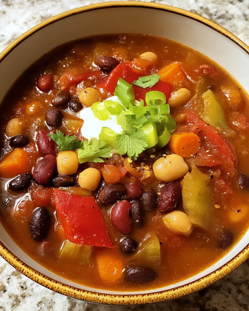 Hearty bean chili soup with black, pinto, and garbanzo beans in a red broth
