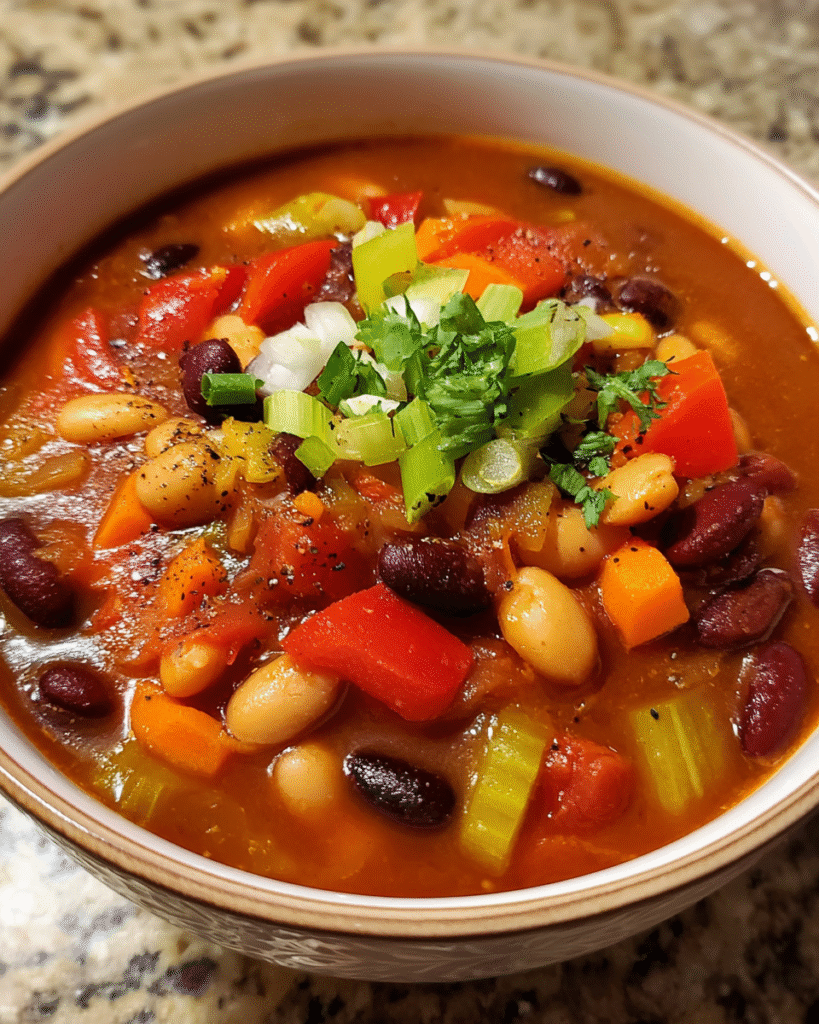 Hearty bean chili soup with black, pinto, and garbanzo beans in a red broth