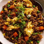 Skillet of homemade beef fried rice with vegetables and scrambled eggs