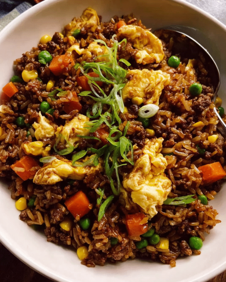 Skillet of homemade beef fried rice with vegetables and scrambled eggs