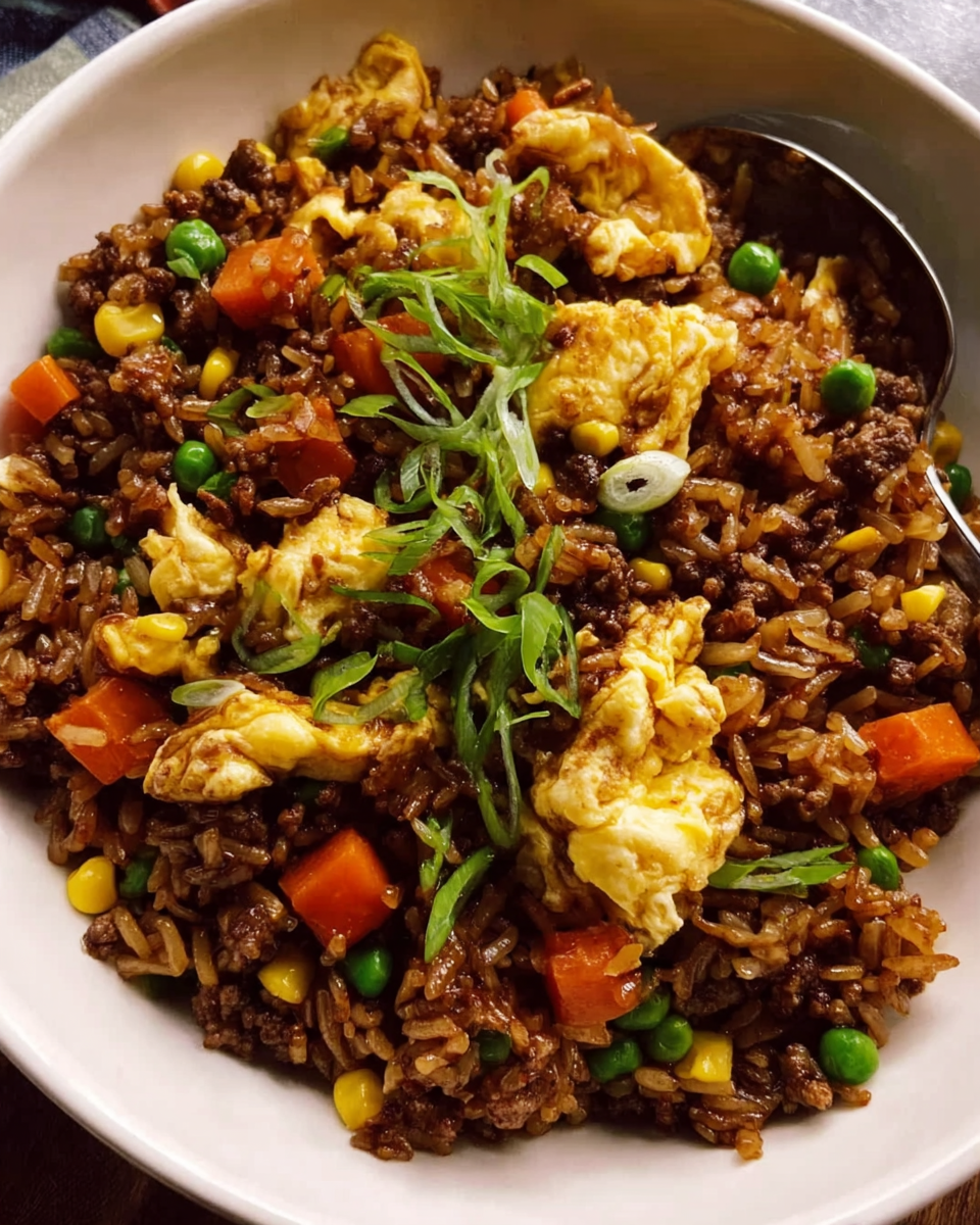 Skillet of homemade beef fried rice with vegetables and scrambled eggs
