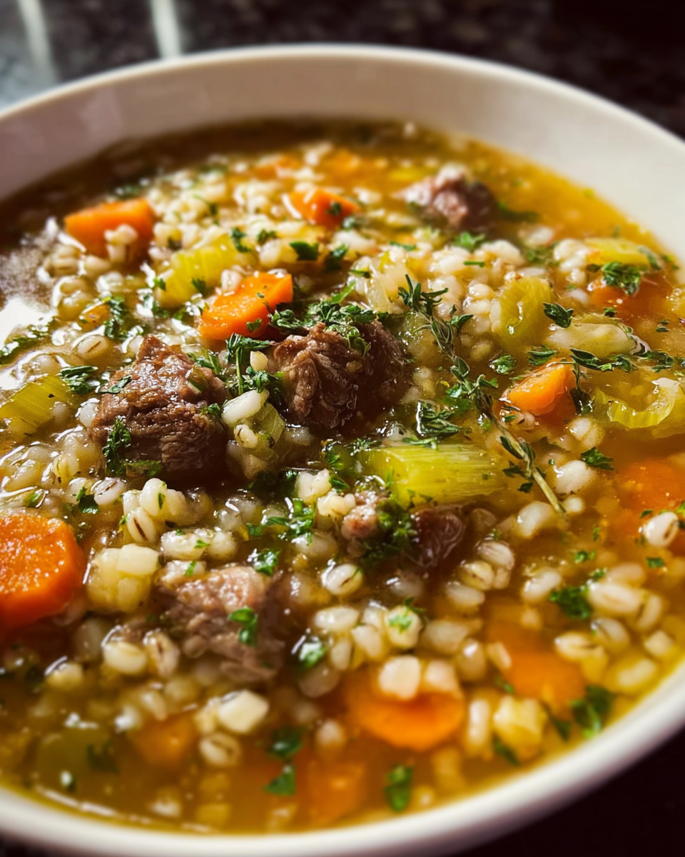 Hearty beef and barley soup with carrots and parsley