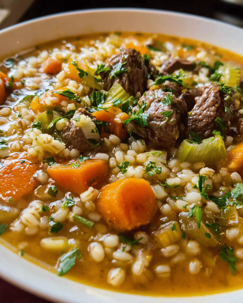 Hearty beef and barley soup with carrots and parsley
