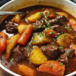Beef and carrot stew with tender beef, carrots, and potatoes in a Dutch oven