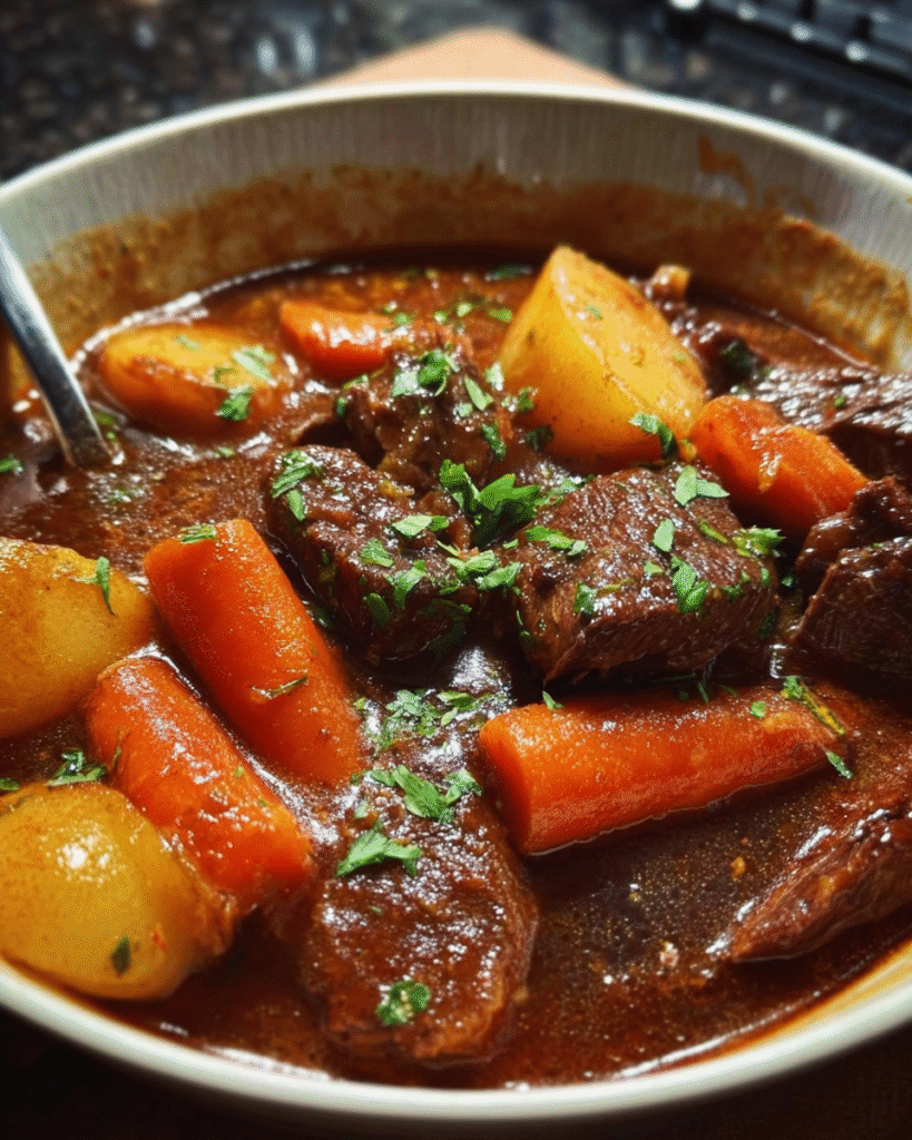 Beef and carrot stew with tender beef, carrots, and potatoes in a Dutch oven