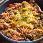 Beef and rice one pan dinner topped with melted cheese in a skillet