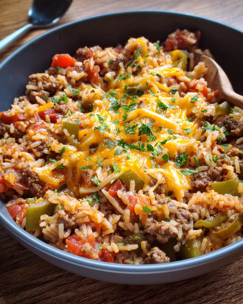 Beef and rice one pan dinner topped with melted cheese in a skillet
