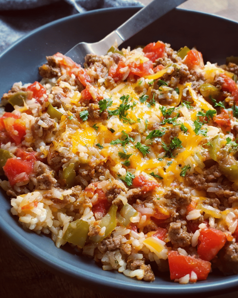 Beef and rice one pan dinner topped with melted cheese in a skillet