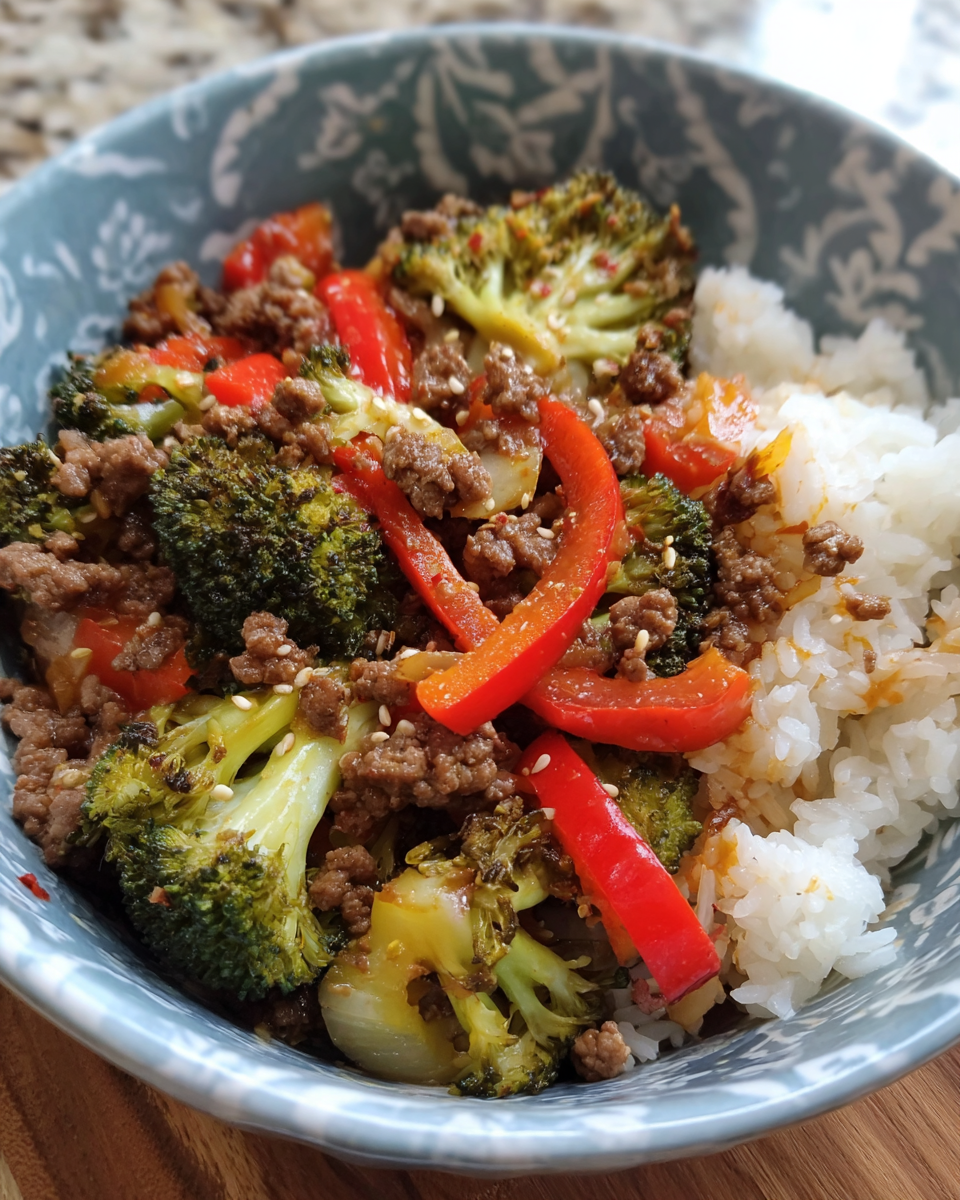 Beef and vegetable rice bowl with ground beef, broccoli, and bell peppers over brown rice