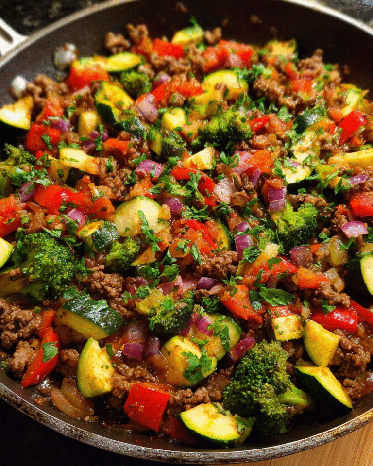 Beef and Vegetable Skillet with zucchini, broccoli, and bell peppers in a pan