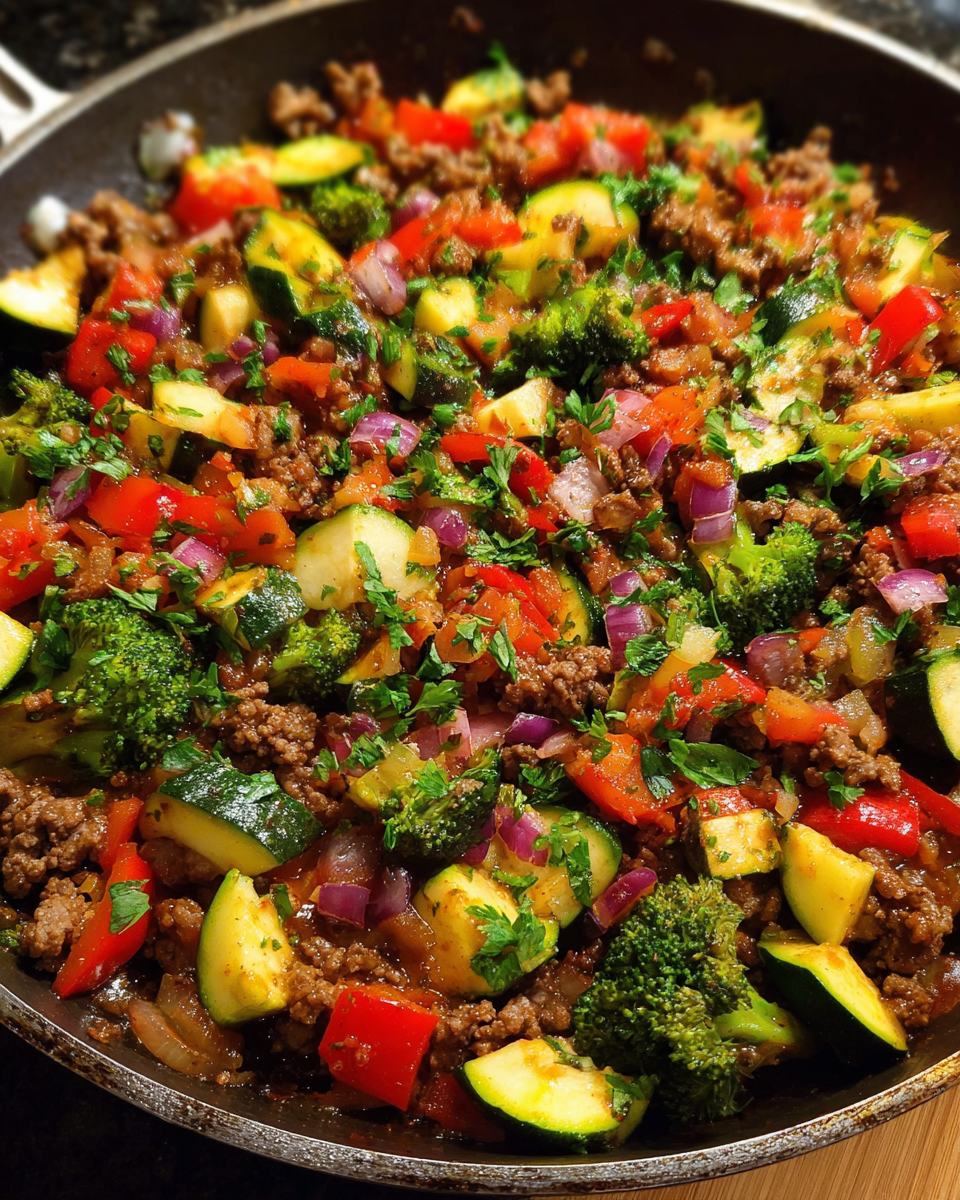Beef and Vegetable Skillet with zucchini, broccoli, and bell peppers in a pan