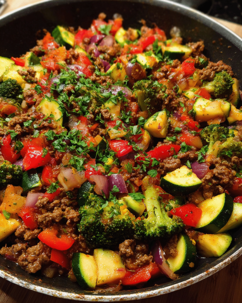 Beef and Vegetable Skillet with zucchini, broccoli, and bell peppers in a pan