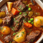 Beef stew soup with tender meat, potatoes, and carrots in bowl