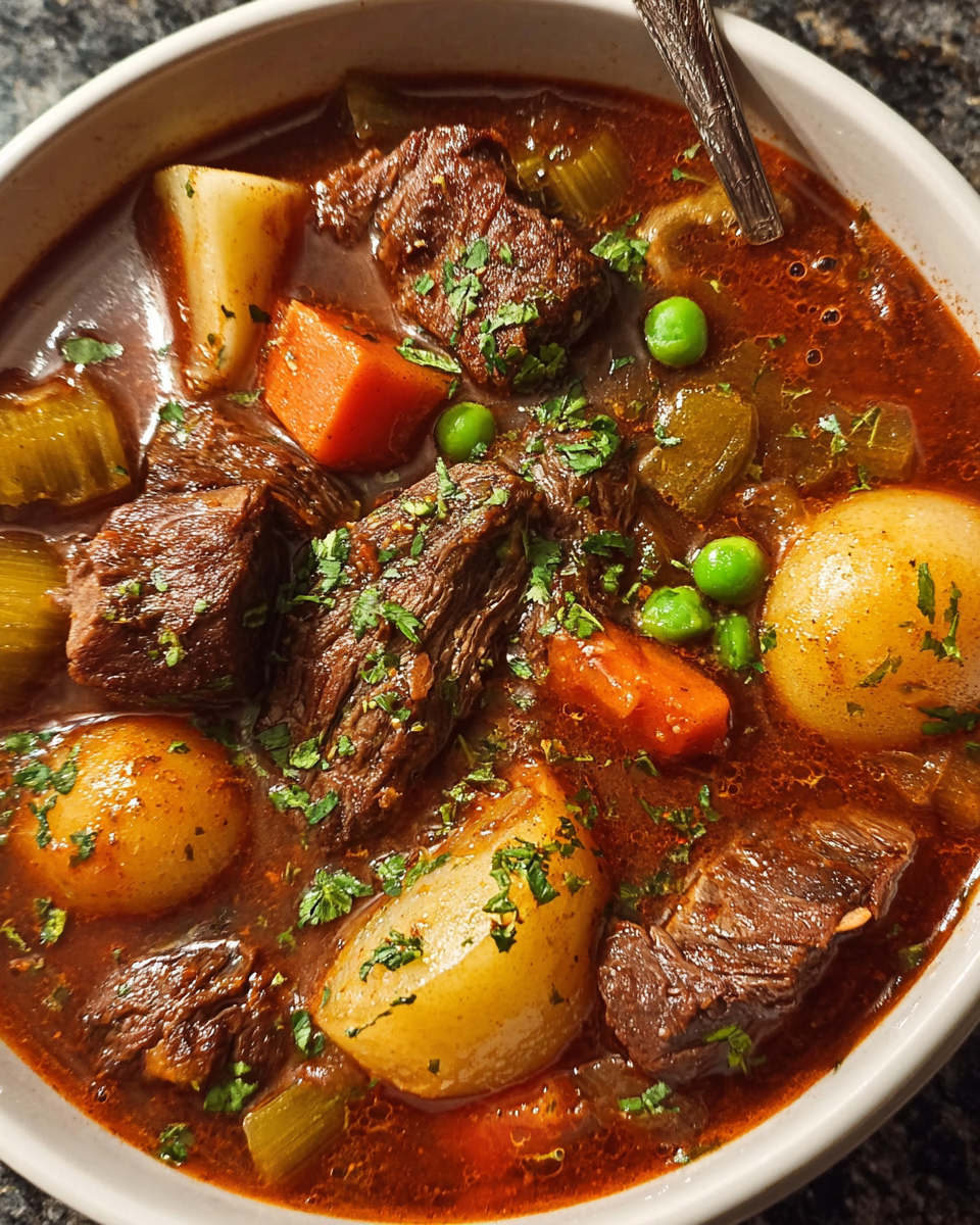 Beef stew soup with tender meat, potatoes, and carrots in bowl