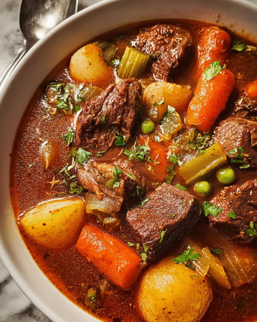Beef stew soup with tender meat, potatoes, and carrots in bowl