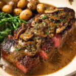 Juicy steak topped with creamy black pepper sauce in skillet