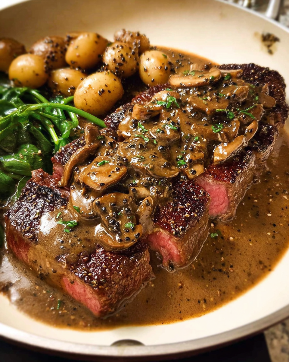 Juicy steak topped with creamy black pepper sauce in skillet