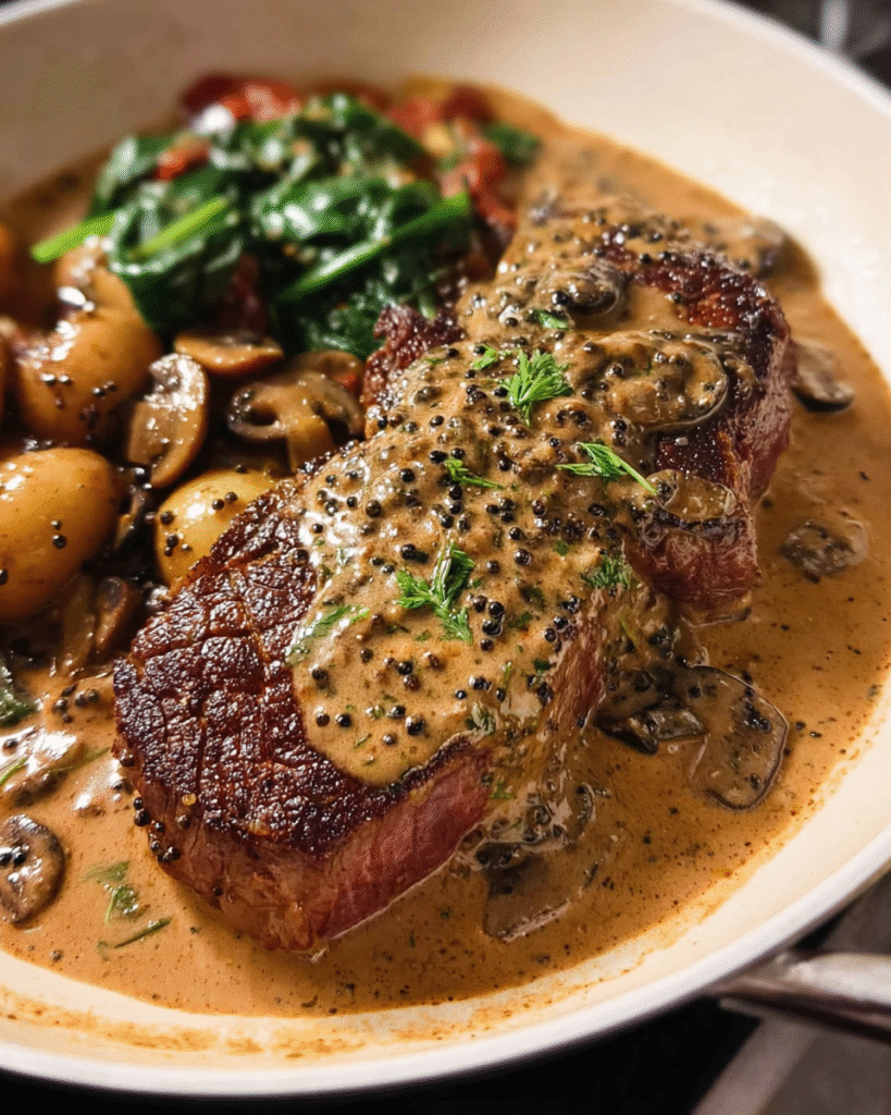 Juicy steak topped with creamy black pepper sauce in skillet