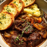 Braised Beef with Onions topped with melted Gruyère and toasted baguette slices