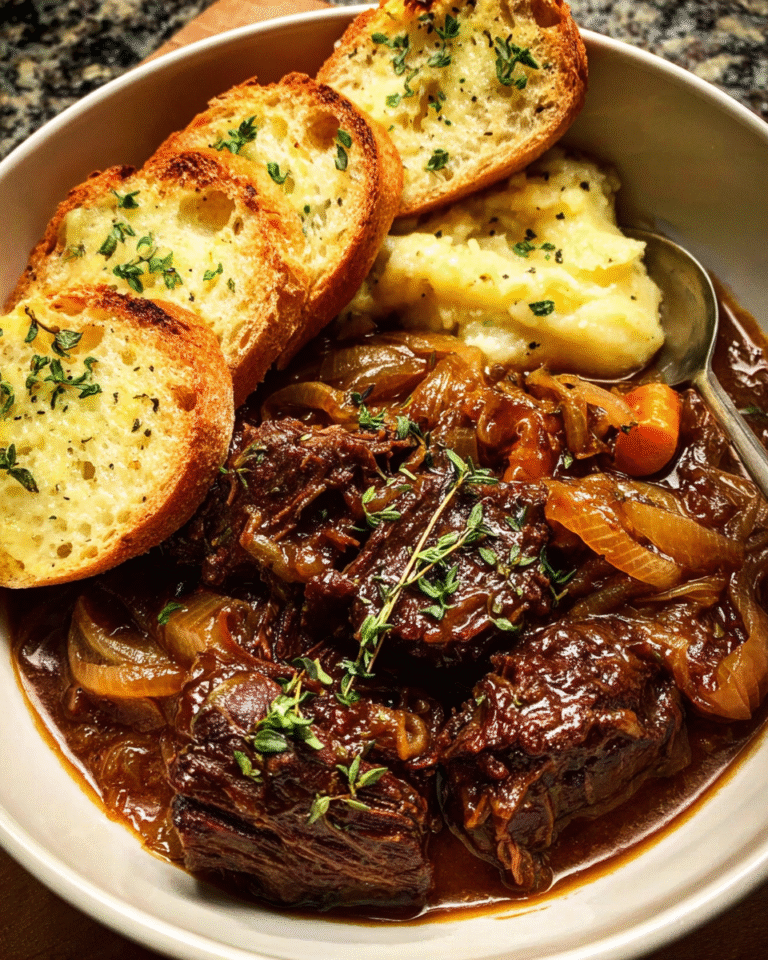 Braised Beef with Onions topped with melted Gruyère and toasted baguette slices