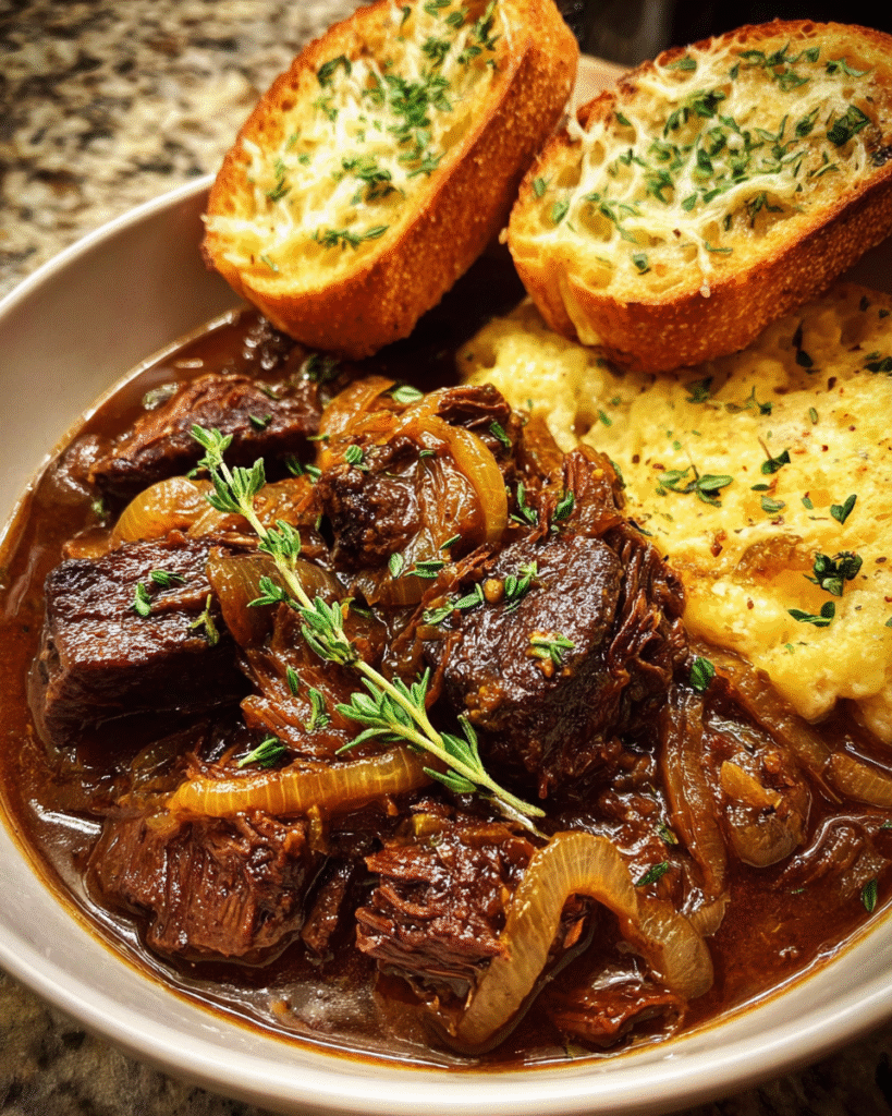 Braised Beef with Onions topped with melted Gruyère and toasted baguette slices