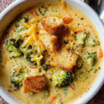 Creamy broccoli cheddar soup with crusty bread