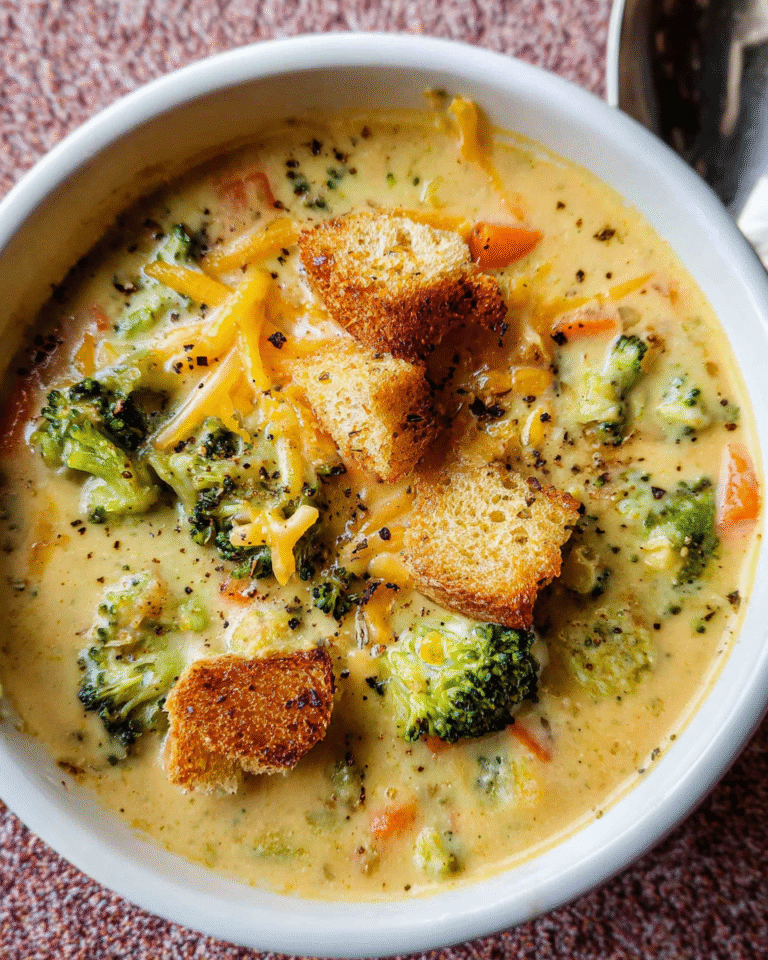 Creamy broccoli cheddar soup with crusty bread