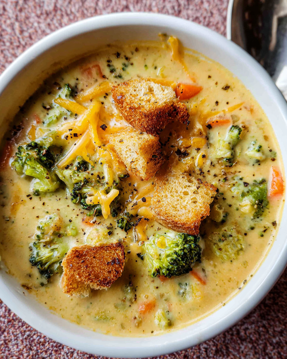 Creamy broccoli cheddar soup with crusty bread