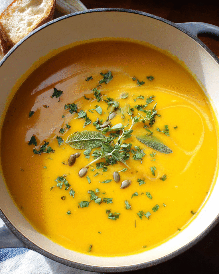 Bowl of creamy butternut squash soup topped with pumpkin seeds and parsley