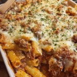 Cheesy baked rigatoni with melted mozzarella and meat sauce in a baking dish