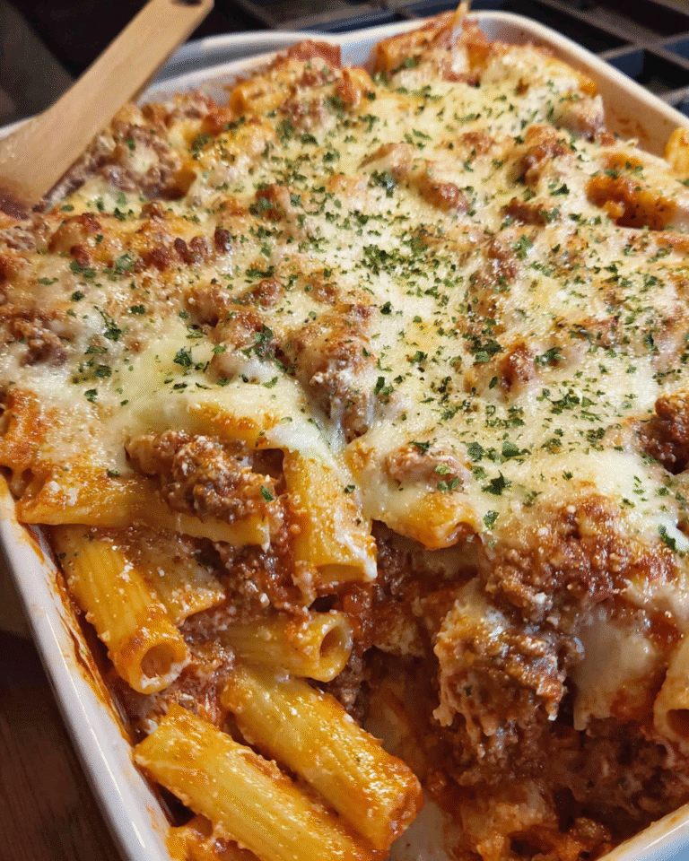 Cheesy baked rigatoni with melted mozzarella and meat sauce in a baking dish