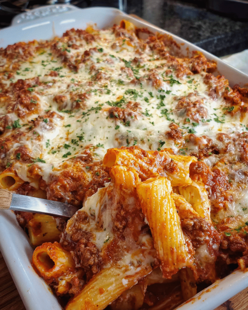 Cheesy baked rigatoni with melted mozzarella and meat sauce in a baking dish