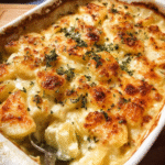 Golden cheesy potato bake in a white casserole dish