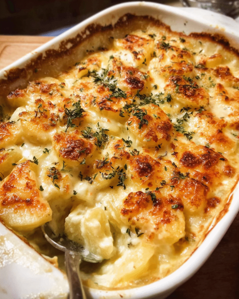Golden cheesy potato bake in a white casserole dish