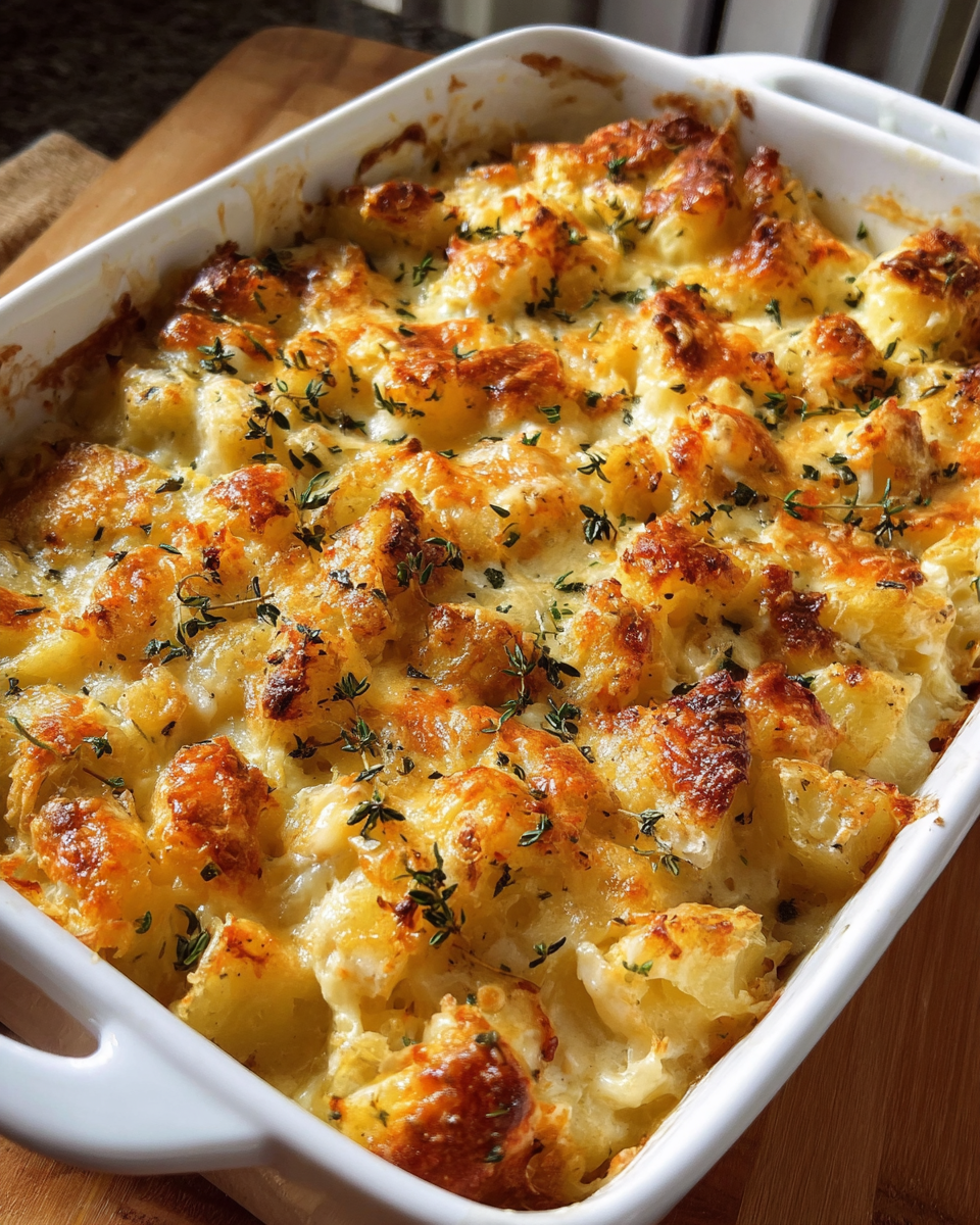 Cheesy potato bake with golden melted mozzarella topping