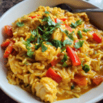 Chicken curry rice bowl with coconut milk and fresh cilantro