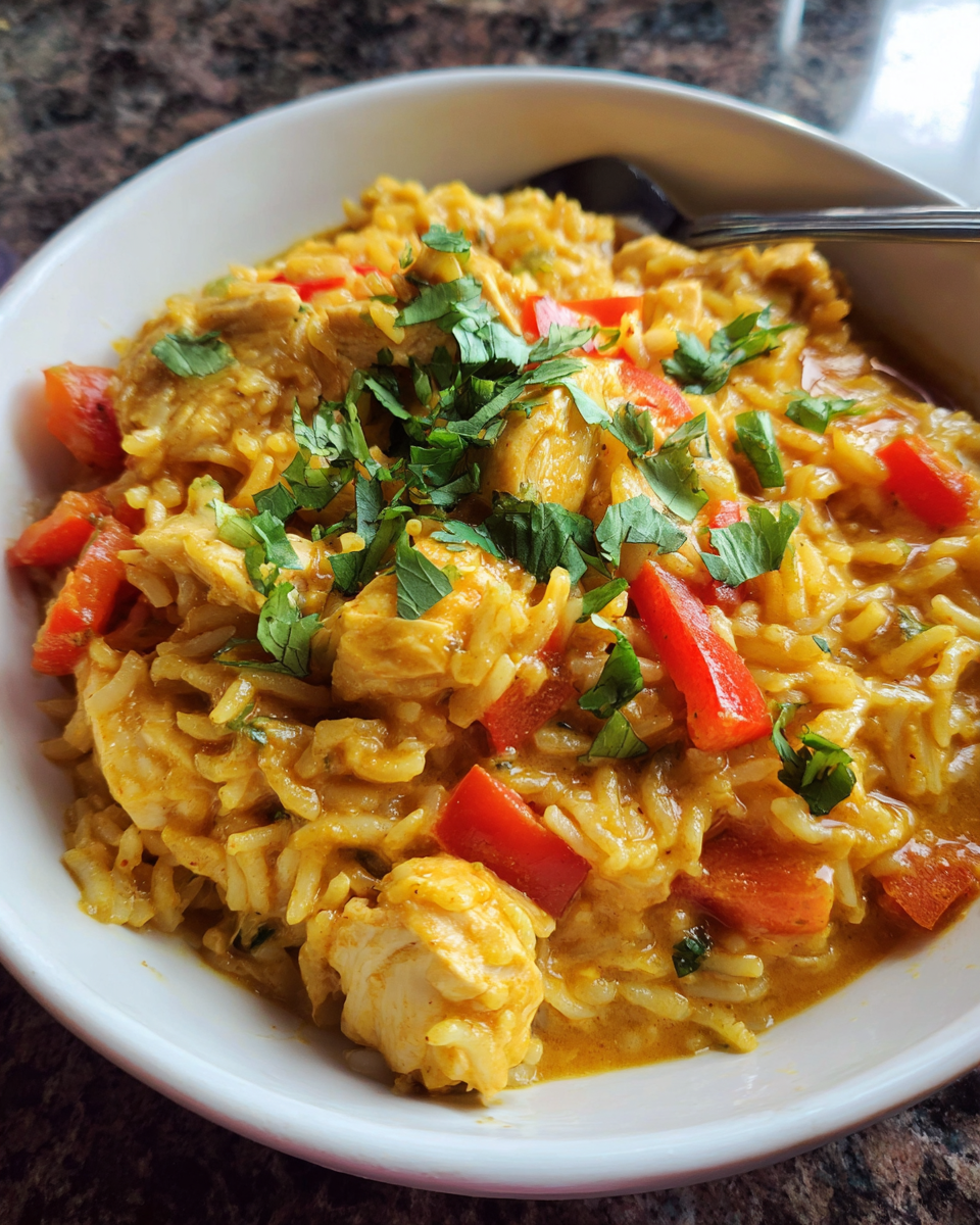 Chicken curry rice bowl with coconut milk and fresh cilantro