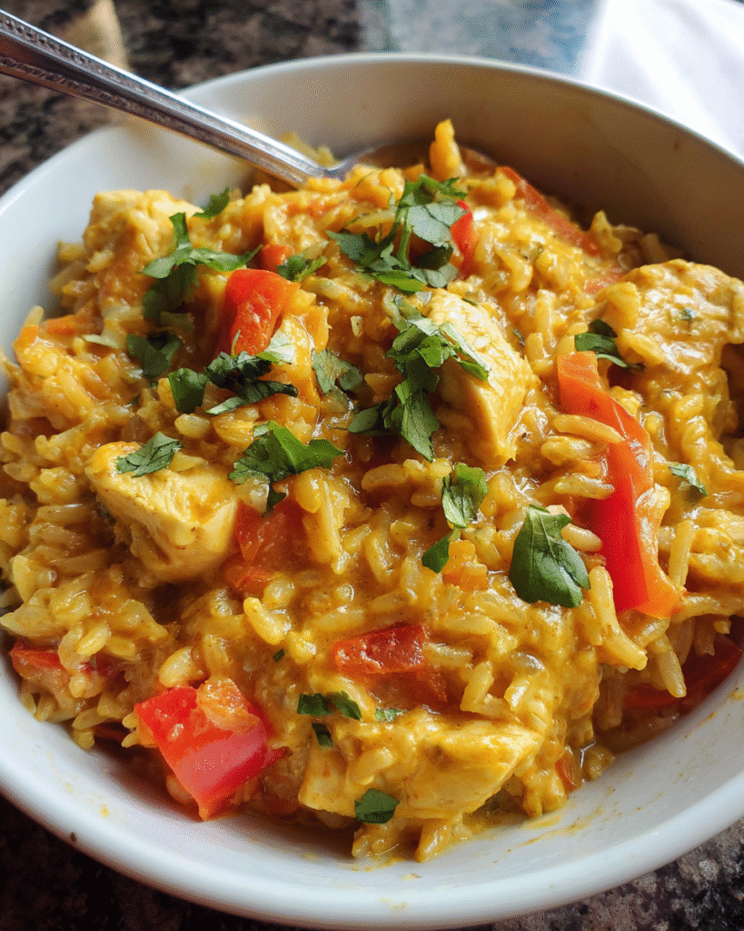 Chicken curry rice bowl with coconut milk and fresh cilantro