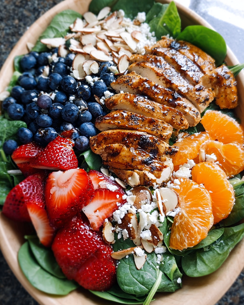 Chicken Spinach Salad with berries, feta, and balsamic dressing