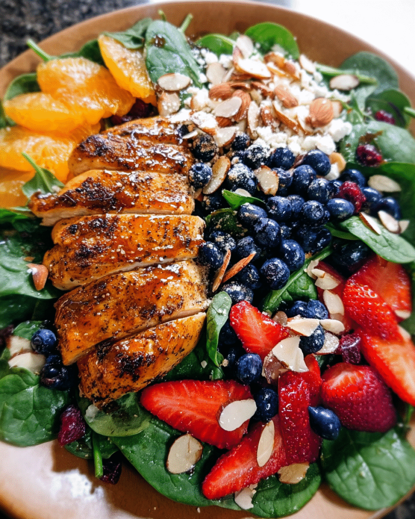 Chicken Spinach Salad with berries, feta, and balsamic dressing