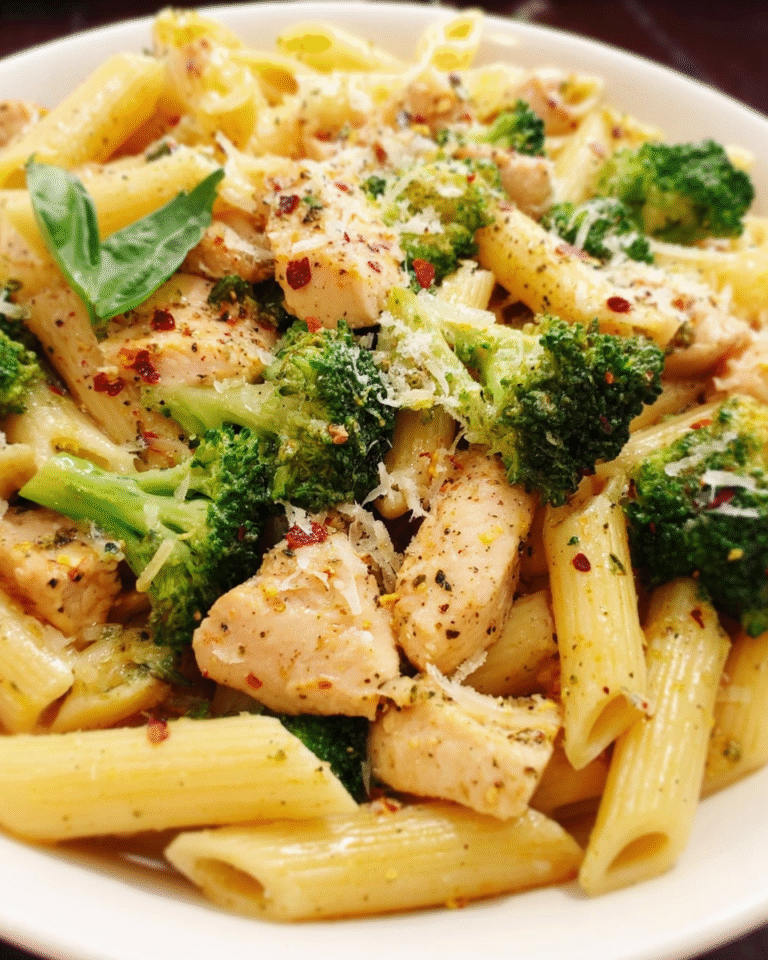 Chicken and Broccoli Pasta with lemon butter sauce in a white bowl