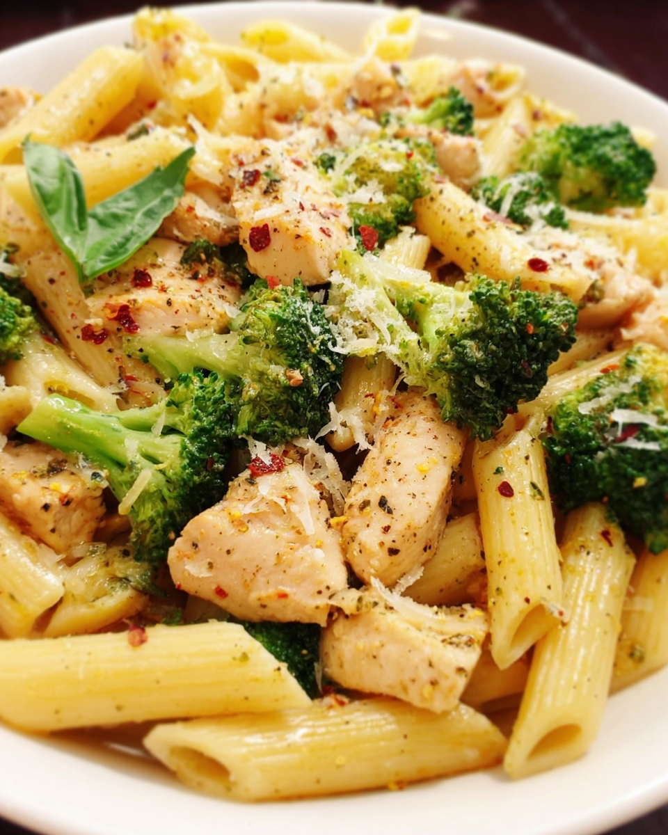 Chicken and Broccoli Pasta with lemon butter sauce in a white bowl